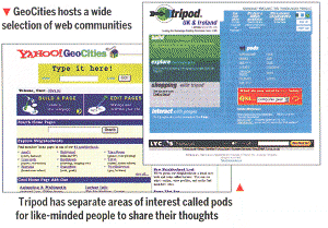 GeoCities hosts a wide selection of web communities :Tripod has separate areas of interest called pods for like-minded people to share their thoughts 