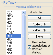 Winamp File association list