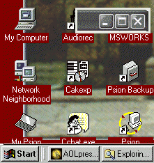 Desktop showing icons and shortcuts and the taskbar and (inset) Window controls.