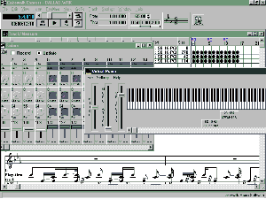 Cakewalk showing Virtual Piano,Mixer sliders and musical notation