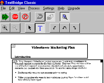 TEXTBRIDGE OCR program showing icons and text selection areas