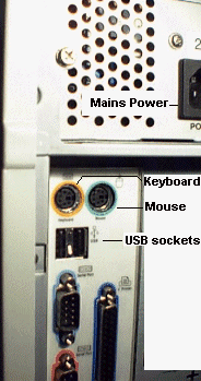 Rear view of a PC showing PS2 and USB sockets