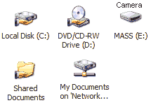 MY COMPUTER showing drive 'E' which is the camera storage connected through the USB port