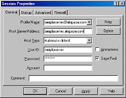WS-FTP connection screen showing Username Password and FTP address requirements